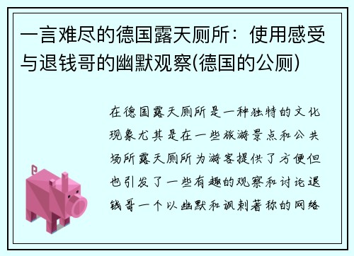 一言难尽的德国露天厕所：使用感受与退钱哥的幽默观察(德国的公厕)