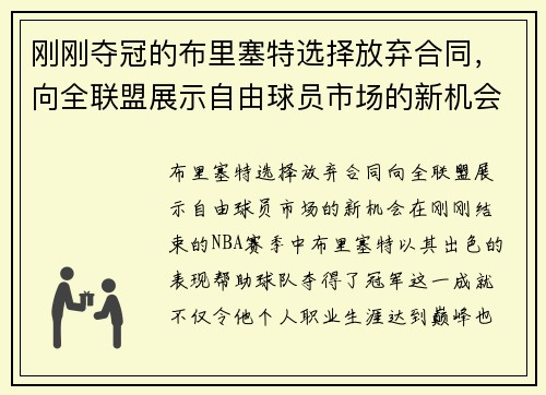 刚刚夺冠的布里塞特选择放弃合同，向全联盟展示自由球员市场的新机会！